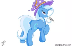 Size: 1280x812 | Tagged: safe, artist:ciscoql, derpibooru import, trixie, pony, unicorn, female, mare, microphone, solo