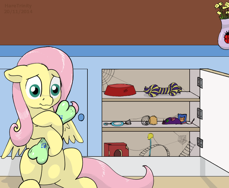 Size: 867x710 | Tagged: artist:haretrinity, derpibooru import, fluttershy, pet toy, safe, solo