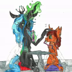 Size: 1024x1022 | Tagged: safe, artist:goremistress, derpibooru import, queen chrysalis, oc, oc:poisoned soul, canon x oc, changelingified, chrysalislover, shipping, traditional art