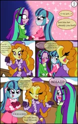 Size: 710x1125 | Tagged: safe, artist:queentigrel, derpibooru import, adagio dazzle, aria blaze, sonata dusk, equestria girls, a dazzling winter, arisona, blushing, comic, cute, female, lesbian, shipper on deck, shipping, the dazzlings, winter, winter outfit