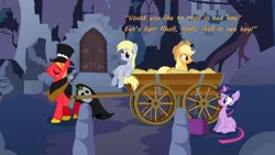 Size: 960x540 | Tagged: safe, derpibooru import, edit, applejack, big macintosh, derpy hooves, twilight sparkle, earth pony, pony, castle of the royal pony sisters, dialogue, halloween, hay ride, implied lesbian, implied shipping, implied twijack, male, spooky, stallion, suitcase, wagon, young frankenstein