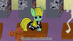 Size: 640x360 | Tagged: safe, artist:viva reverie, derpibooru import, oc, oc:viva reverie, unofficial characters only, pegasus, pony, spider, animated, bone, boots, caption, christmas, christmas creep, clock, clothes, costume, female, folded wings, frown, gloves, halloween, halloween costume, hat, holiday, immatoonlink, jack-o-lantern, jacket, lidded eyes, looking at you, mare, open mouth, prone, pumpkin, santa costume, santa hat, shoes, singing, skeleton, skeleton costume, solo, spider web, spooky scary skeleton, subtitles, youtube link