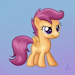 Size: 700x700 | Tagged: safe, artist:funnyfany, derpibooru import, scootaloo, pegasus, pony, gradient background, signature, solo