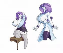 Size: 1280x1081 | Tagged: absolute cleavage, anthro, arm behind head, artist:bigdad, big breasts, breast fondling, breast grab, breasts, busty rarity, cleavage, clothes, curvy, derpibooru import, dress, erect nipples, female, garters, grope, hooves, huge breasts, impossibly large breasts, nipple outline, open clothes, open shirt, pony colored satyr, pony coloring, rarity, satyr, seductive look, seductive pose, shirt, sideboob, side slit, skirt, solo, solo female, stockings, stupid sexy rarity, suggestive
