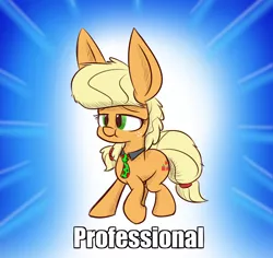 Size: 900x850 | Tagged: safe, artist:heir-of-rick, derpibooru import, applejack, daily apple pony, alternate hairstyle, image macro, impossibly large ears, meme, necktie, professionalism, solo