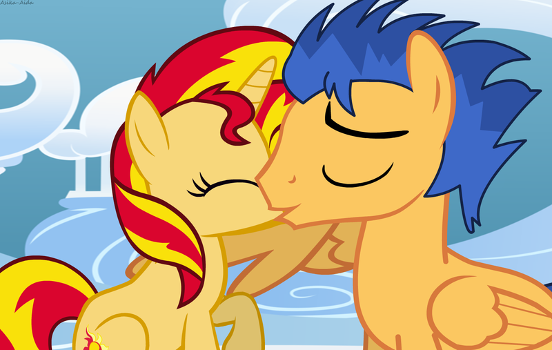 Size: 1500x950 | Tagged: safe, artist:asika-aida, derpibooru import, flash sentry, sunset shimmer, pony, cloudsdale, couple, double rainboom puppet, female, flashimmer, kissing, love, male, shipping, straight