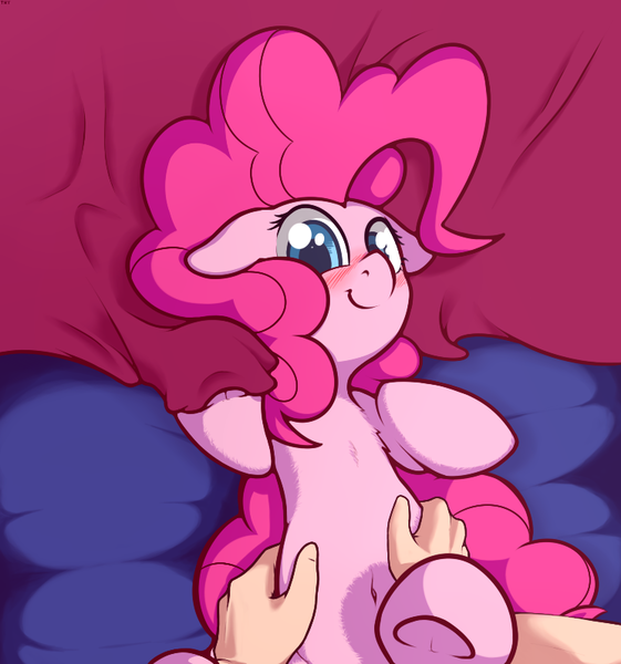 Size: 745x797 | Tagged: dead source, suggestive, artist:mostazathy, derpibooru import, pinkie pie, human, pony, bed, belly button, bellyrubs, blushing, cute, diapinkes, floppy ears, hand, human on pony action, interspecies, on back, smiling