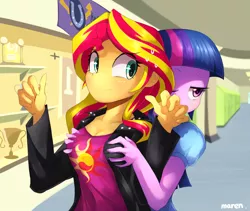 Size: 1200x1011 | Tagged: suggestive, artist:maren, derpibooru import, sunset shimmer, twilight sparkle, twilight sparkle (alicorn), equestria girls, bad touch, blushing, breast fondling, breast grab, breasts, busty sunset shimmer, cleavage, clothes, female, grope, lesbian, molestation, one eye closed, sexy, shipping, sunsetsparkle, sweat