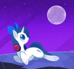 Size: 5000x4664 | Tagged: safe, artist:b-epon, derpibooru import, oc, oc:sapphire moonlight, unofficial characters only, pony, unicorn, :o, absurd resolution, bow, commission, female, full moon, headphones, looking up, mare, moon, night, side, sitting, solo