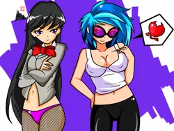 Size: 1215x915 | Tagged: artist:jollyrogers5, belly button, bowtie, breasts, busty vinyl scratch, cleavage, clothes, derpibooru import, female, fishnets, heart, human, humanized, looking at you, midriff, octavia is not amused, octavia melody, panties, suggestive, sunglasses, unamused, underwear, vinyl scratch