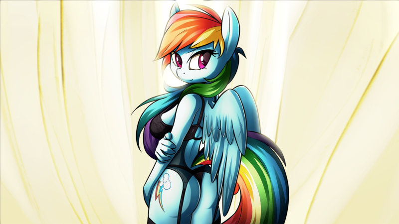 Size: 3200x1800 | Tagged: adorasexy, anthro, artist:flyingbrickanimation, artist:tenart, ass, breasts, busty rainbow dash, clothes, cute, derpibooru import, edit, female, garter belt, holding arms, lingerie, looking back, panties, pegasus, pinup, rainbow dash, rainbutt dash, sexy, sideboob, solo, solo female, stockings, suggestive, thong, underwear, wallpaper, wallpaper edit, wallpaper for the fearless