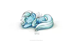Size: 3840x2160 | Tagged: safe, artist:tenart, derpibooru import, trixie, ghost, pony, unicorn, artofthepony, ear fluff, eyes closed, female, halo, mare, prone, rest in peace, simple background, solo, stoned trixie, white background