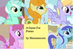 Size: 372x250 | Tagged: a game for ponies, artist:shimmercorn, berry punch, berryshine, carrot top, cloud kicker, cover art, derpibooru import, fimfiction, golden harvest, lyra heartstrings, minuette, pages, safe, upcoming, upcoming fic