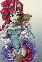 Size: 750x1103 | Tagged: anthro, artist:jezebeltart, breasts, burlesque, choker, clothes, corset, costume porn, derpibooru import, horn jewelry, jewelry, oc, oc:heartstring, suggestive, unofficial characters only