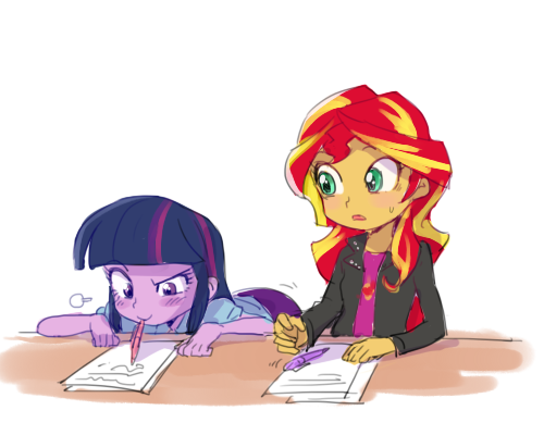 Size: 500x400 | Tagged: dead source, safe, artist:baekgup, derpibooru import, sunset shimmer, twilight sparkle, twilight sparkle (alicorn), equestria girls, adorkable, blushing, clothes, cute, desk, dork, female, humans doing horse things, mouth drawing, mouth hold, paper, pen, simple background, white background