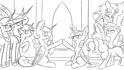 Size: 1280x720 | Tagged: safe, derpibooru import, applejack, fluttershy, pinkie pie, princess cadance, princess celestia, princess luna, rainbow dash, rarity, shining armor, twilight sparkle, twilight sparkle (alicorn), alicorn, pony, alicorn tetrarchy, blank flank, commission, fanfic art, female, hoofbump, mane six, mare, monochrome