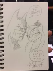 Size: 768x1024 | Tagged: safe, artist:andypriceart, derpibooru import, princess luna, batman, dialogue, frown, grayscale, i am the night, lidded eyes, looking at you, monochrome, portrait, raised eyebrow, sketch, speech bubble, thought bubble, traditional art, unamused