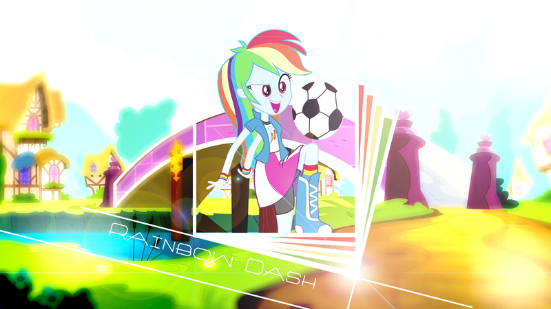 Size: 1920x1080 | Tagged: safe, artist:antylavx, artist:mlp-vector-collabs, artist:strumfreak, derpibooru import, rainbow dash, equestria girls, bridge, football, lens flare, ponyville, vector, wallpaper