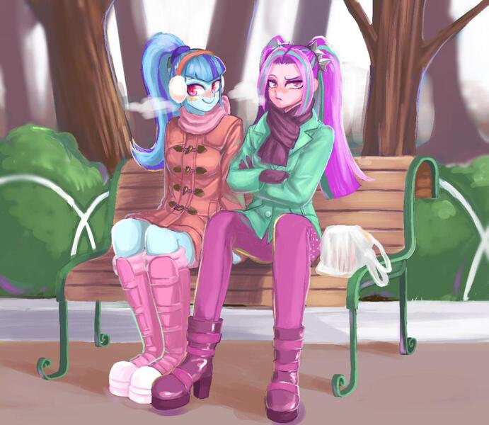 Size: 1000x868 | Tagged: safe, artist:susu, derpibooru import, aria blaze, sonata dusk, equestria girls, rainbow rocks, arisona, autumn, bench, crossed arms, female, lesbian, park, shipping, sitting, tsundaria, tsundere