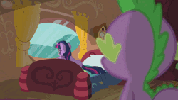 Size: 768x432 | Tagged: animated, bed, book, clock, comforting, cuckoo clock, curtains, derpibooru import, determined, golden oaks library, magical mystery cure, rain, reassurance, sad, safe, screencap, spike, tree, twilight sparkle, window