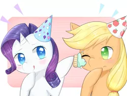 Size: 1400x1050 | Tagged: safe, artist:purin, artist:shouyu musume, derpibooru import, applejack, rarity, pony, cupcake, cute, female, food, hat, jackabetes, lesbian, party, party hat, pixiv, raribetes, rarijack, shipping