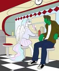 Size: 1207x1448 | Tagged: 1950s, 50s, artist:mistermech, clothes, converse, derpibooru import, female, greaser, human, human male, male, mare, milkshake, oc, oc:anon, princess celestia, safe, skirt