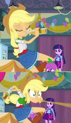 Size: 956x1647 | Tagged: suggestive, artist:tyto-ovo, derpibooru import, edit, edited screencap, screencap, applejack, spike, twilight sparkle, dog, equestria girls, equestria girls (movie), 2 panel comic, apple cider, apple juice, applespike, balloon, boots, bottle, clothes, comic, cowboy boots, drinking, eyes closed, eyes on the prize, female, male, shipping, shoes, skirt, spike the dog, spit take, spread legs, straight