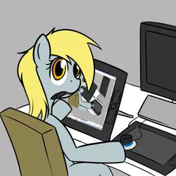 Size: 1000x1000 | Tagged: safe, artist:shinmera, derpibooru import, derpy hooves, pegasus, pony, chair, computer, droste effect, graphics tablet, gray background, recursion, simple background, solo, table, tablet, underp