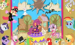 Size: 801x480 | Tagged: safe, artist:shuffle001, derpibooru import, apple bloom, applejack, cheerilee, derpy hooves, mr breezy, rainbow dash, rarity, scootaloo, snails, snips, sweetie belle, twilight sparkle, twist, vera, pegasus, pony, the show stoppers, afro, background pony, clothes, clown hair, costume, crying, cutie mark crusaders, derpy being derpy, female, glasses, hat, juggling, mare, show stopper outfits, spa pony, stage