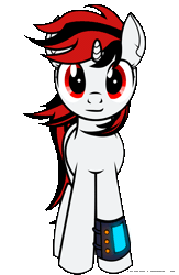 Size: 650x1000 | Tagged: safe, artist:koshakevich, derpibooru import, oc, oc:blackjack, unofficial characters only, pony, unicorn, fallout equestria, fallout equestria: project horizons, fanfic, animated, fanfic art, female, gif, hooves, horn, looking at you, mare, pipbuck, simple background, solo, transparent background, vector, windswept mane