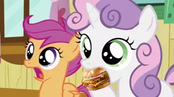 Size: 800x448 | Tagged: safe, artist:sweetieburger, derpibooru import, scootaloo, sweetie belle, burger, clubhouse, crusaders clubhouse, ponies eating meat