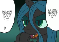 Size: 648x464 | Tagged: safe, artist:anearbyanimal, derpibooru import, queen chrysalis, changeling, changeling queen, /mlp/, 4chan, colored, dialogue, drawthread, fangs, female, flat colors, frown, gradient background, image, open mouth, png, right to left, slit eyes, solo, speech bubble