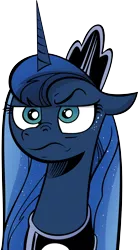 Size: 3000x5438 | Tagged: absurd resolution, annoyed, artist:andypriceart, artist:irisiter, derpibooru import, floppy ears, frown, glare, grumpy, idw, portrait, princess luna, raised eyebrow, :s, safe, simple background, solo, transparent background, vector, wavy mouth