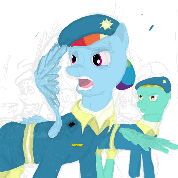 Size: 597x599 | Tagged: artist:ponescribbles, beret, clothes, derpibooru import, lightning dust, rainbow dash, safe, salute, uniform