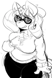 Size: 556x830 | Tagged: anthro, artist:mangneto, beatnik rarity, beret, chubby, clothes, derpibooru import, glasses, hat, monochrome, rarity, safe, solo, sweet and elite, wide hips