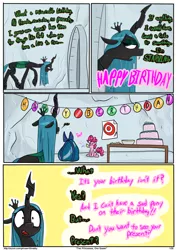 Size: 768x1079 | Tagged: safe, artist:shrabby, derpibooru import, pinkie pie, queen chrysalis, changeling, changeling queen, earth pony, pony, birthday, birthday cake, cake, comic, female, mare, present, toot, two princesses one queen, villainous delights