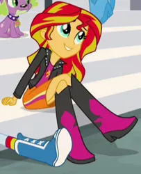 Size: 262x323 | Tagged: safe, derpibooru import, screencap, pinkie pie, rainbow dash, spike, sunset shimmer, dog, equestria girls, rainbow rocks, boots, clothes, cute, high heel boots, shimmerbetes, smiling, socks, spike the dog, weapons-grade cute, when she smiles