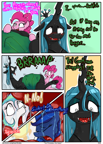 Size: 768x1079 | Tagged: questionable, semi-grimdark, artist:shrabby, derpibooru import, pinkie pie, princess celestia, princess luna, queen chrysalis, alicorn, changeling, changeling queen, earth pony, pony, belly, betrayal, blushing, burp, changelings eating ponies, comic, digestion, female, fetish, imminent death, internal, mare, multiple prey, stomach noise, tongue out, two princesses one queen, villainous delights, vore