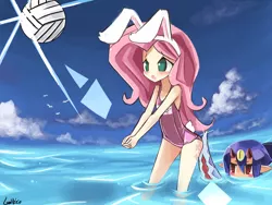 Size: 960x720 | Tagged: artist:lumineko, breasts, bunny ears, bunnyshy, bunny suit, clothes, crossover, delicious flat chest, derpibooru import, desco, disgaea, flattershy, fluttershy, human, humanized, ocean, one-piece swimsuit, school swimsuit, style emulation, suggestive, sukumizu, swimsuit, volleyball, water