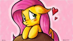 Size: 800x450 | Tagged: artist:tobibrocki, blushing, derpibooru import, floppy ears, fluttershy, heart, safe, smiling, solo