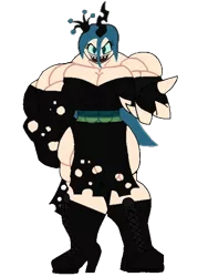 Size: 480x640 | Tagged: safe, artist:minimannitaur, derpibooru import, queen chrysalis, human, boots, breasts, buff breasts, busty queen chrysalis, clothes, dress, female, horned humanization, humanized, looking at you, muscles, my muscle pony, queen chrysalifts, simple background, slasher smile, solo, torn clothes, transparent background