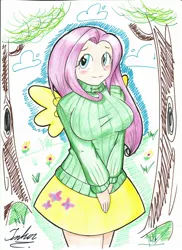 Size: 1280x1763 | Tagged: artist:thearcano13, breasts, busty fluttershy, clothes, derpibooru import, female, fluttershy, human, humanized, safe, solo, sweatershy, traditional art, winged humanization