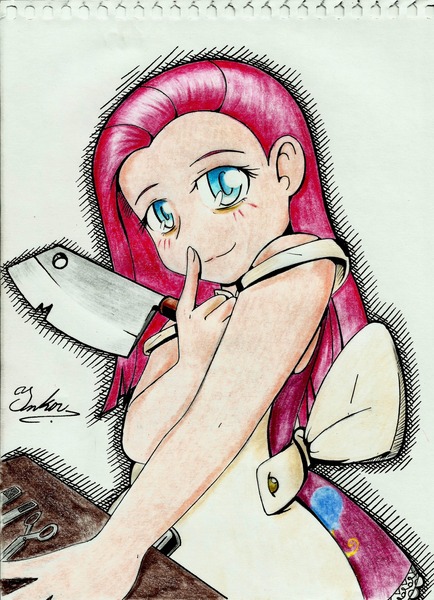 Size: 1280x1770 | Tagged: artist:thearcano13, derpibooru import, fanfic:cupcakes, human, humanized, pinkamena diane pie, pinkie pie, safe, solo, traditional art