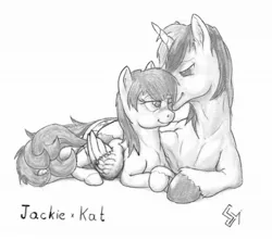 Size: 1088x960 | Tagged: artist:sean mirrsen, black and white, cuddling, derpibooru import, female, grayscale, looking at each other, male, oc, oc:jackie trades, oc:kat, safe, sketch, snuggling, straight, unofficial characters only
