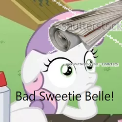 Size: 498x496 | Tagged: safe, derpibooru import, sweetie belle, 1000 hours in ms paint, 1000 years in photoshop, exploitable meme, image macro, meme, ms paint, newspaper, sudden clarity sweetie belle