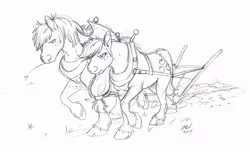 Size: 1229x749 | Tagged: safe, artist:carnivorouscaribou, derpibooru import, applejack, big macintosh, earth pony, pony, harness, male, monochrome, plow, pulling, sketch, stallion, sweat, traditional art, working, yoke