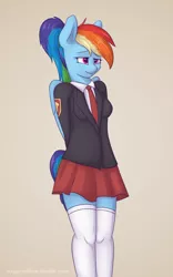 Size: 1200x1920 | Tagged: anthro, artist:staggeredline, clothes, derpibooru import, kneesocks, miniskirt, ponytail, rainbow dash, safe, schoolgirl, school uniform, skirt, smiling, solo, zettai ryouiki