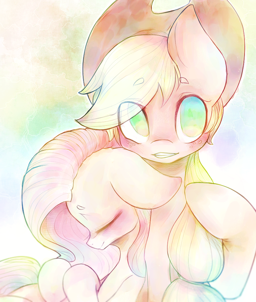 Size: 846x997 | Tagged: applejack, artist:dear-cotton-candy, derpibooru import, fluttershy, friendshipping, safe