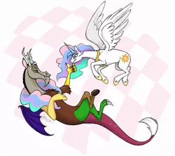 Size: 902x800 | Tagged: safe, artist:lionylioness, derpibooru import, discord, princess celestia, alicorn, draconequus, pony, angry, discord being discord, no tail, smiling, this will end in pain, this will end in petrification