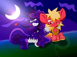 Size: 2272x1704 | Tagged: safe, artist:lovehtf421, derpibooru import, big macintosh, princess luna, earth pony, pony, blushing, floppy ears, heart, lunamac, male, moon, night, shipping, sitting, stallion, straight, straw